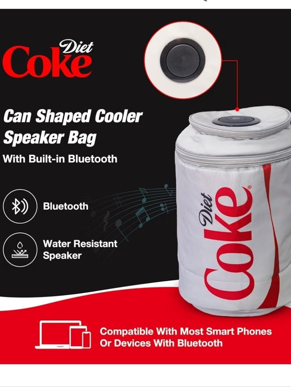 Can-Shaped Bluetooth Speaker Cooler Bag - White/Red